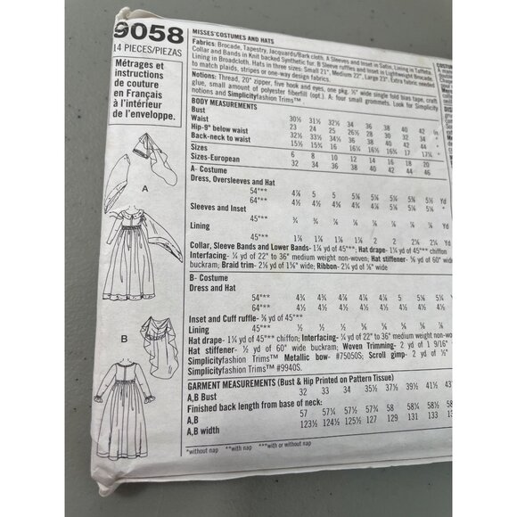 Simplicity 9058 Renaissance Costume Pattern Size 6-12 Dresses & Hats Uncut NEW - Picture 4 of 6